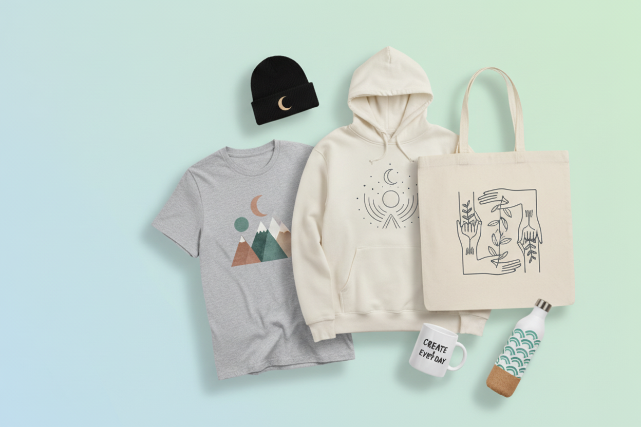 Collection of clothing and accessories with 'New Arrivals' text on a light blue background